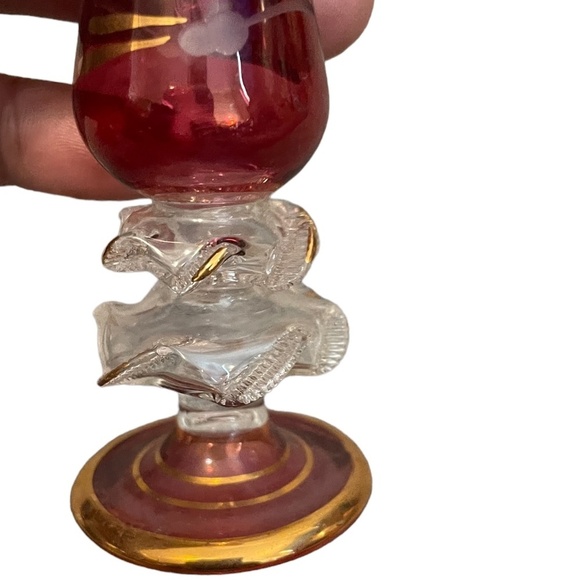 Vintage Egyptian Hand Blown Etched Glass Perfume Bottle Gold Trim With Stopper - Picture 2 of 12